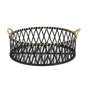 Round Woven Bamboo Trays with Rattan Handle Accent (Set of 2)