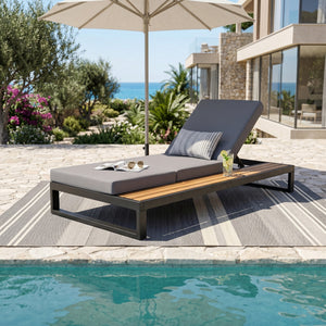 Black Iron & Teak Finish Chaise Lounge Set