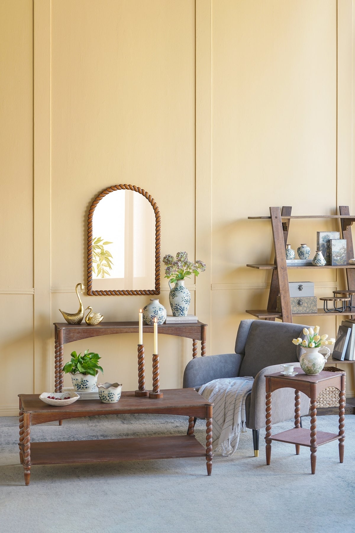 Rustic Brown Wood Coffee Table with Turned Spiral Legs and Lower Shelf