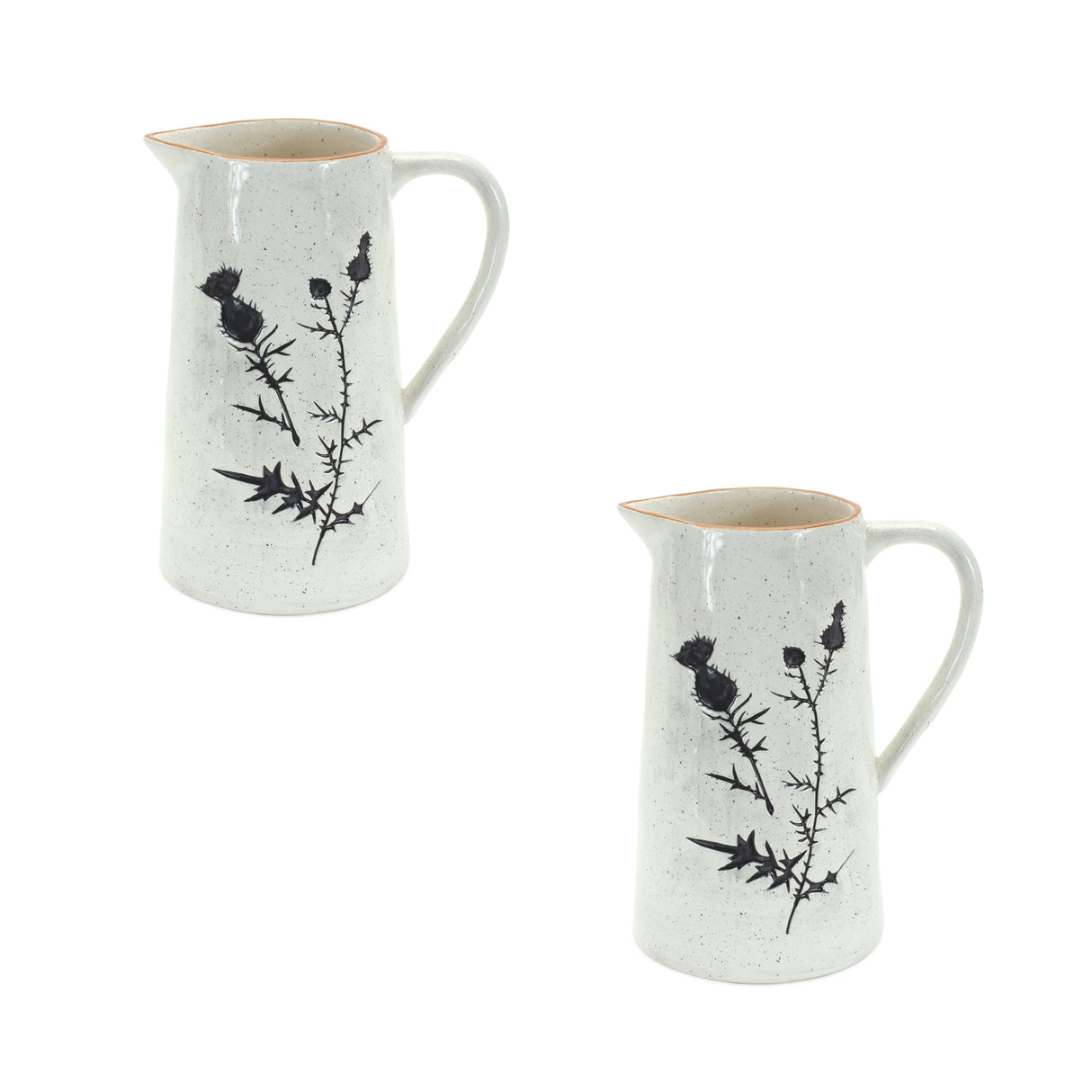 Rustic thistle etched pitcher vase with speckled finish (set of 2)