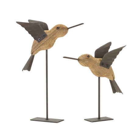 Natural-Fir-Wood-Bird-Figurine-with-Rustic-Metal-Accents-(Set-of-2)-Figurines
