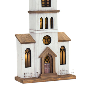 Lighted Natural Wooden Church Display with Rustic Metal Accents 25.25"H