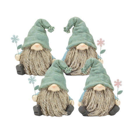 Stone garden gnome figurine with flower stem accent (set of 4)