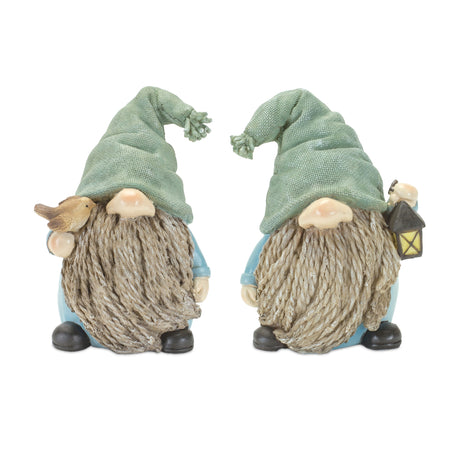 Stone garden gnome figurine with bird and lantern accent (set of 4)