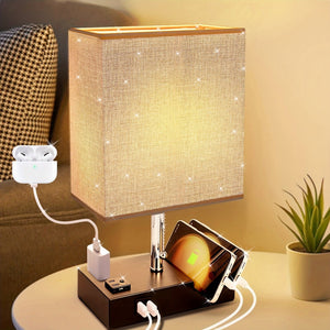 USB Table Lamp with AC Outlet – 3 Color Bedside Lamp with Fabric Shade & Bulb
