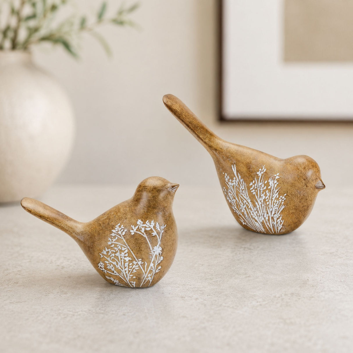 Floral Etched Bird Figurine with Wood Grain Design (Set of 4)