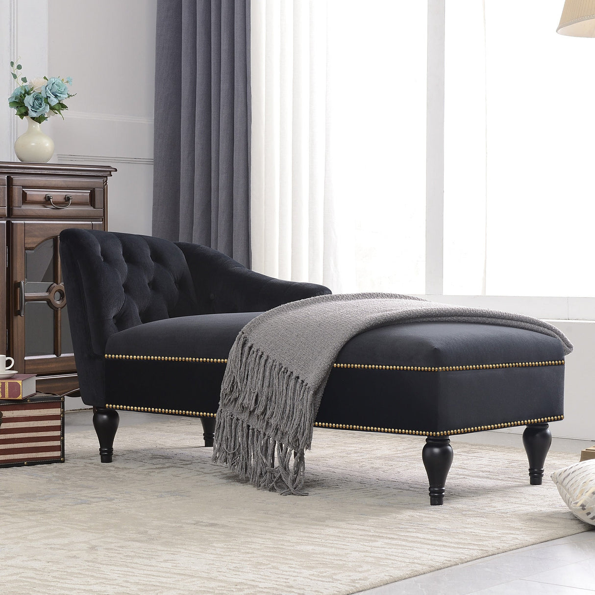 58" Velvet Chaise Lounge with Nailhead Trim and Solid Wood Legs