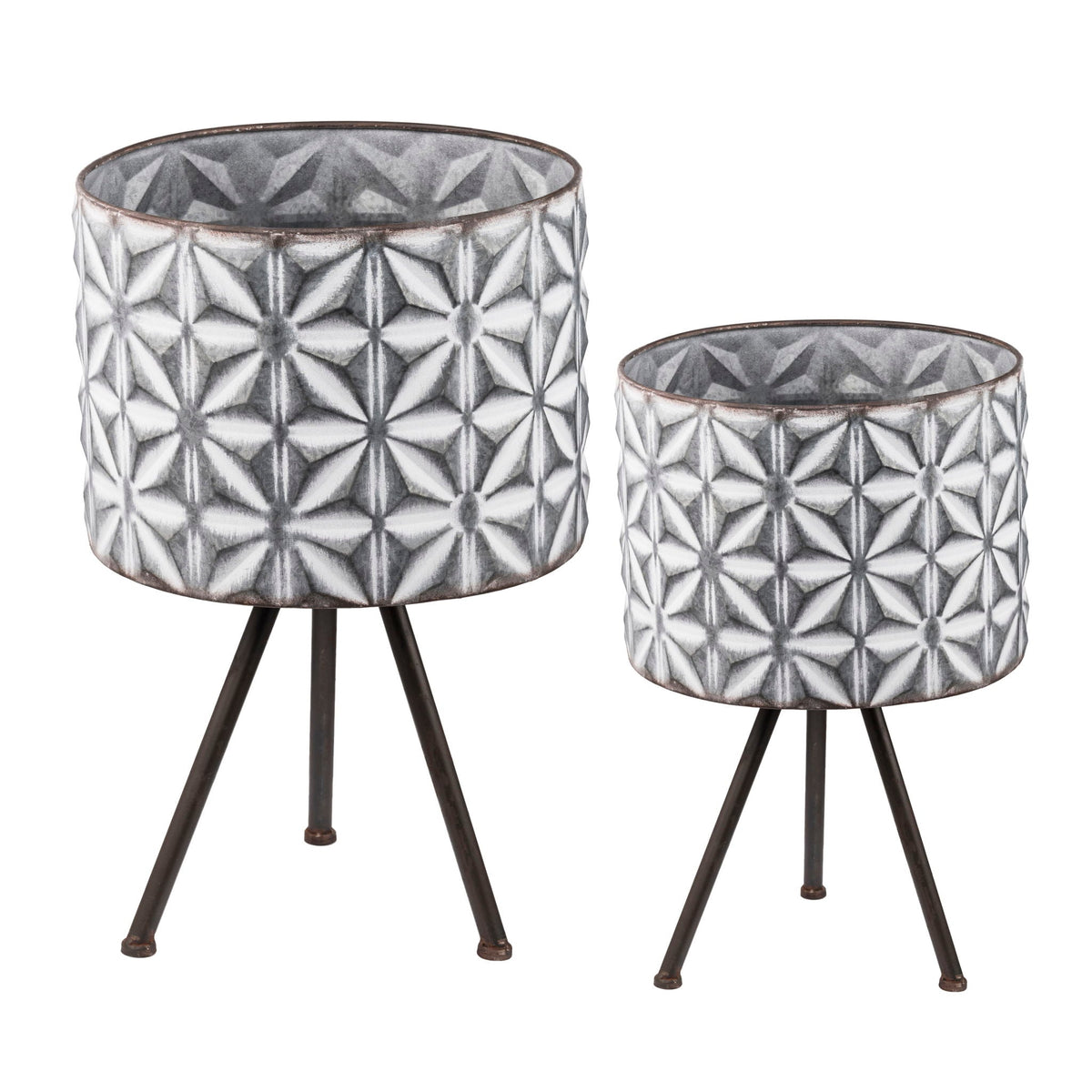 Metal Planter Stand, Round Galvanized Farmhouse Planter (Set of 2) - Gray