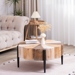 Rustic Manufactured Wood Flower - Shaped Coffee Table with Metal Legs, 31.7' Diameter Vintage Distressed Center Table for Living Room