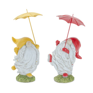 Whimsical dancing garden gnome figurine with umbrella (set of 2)