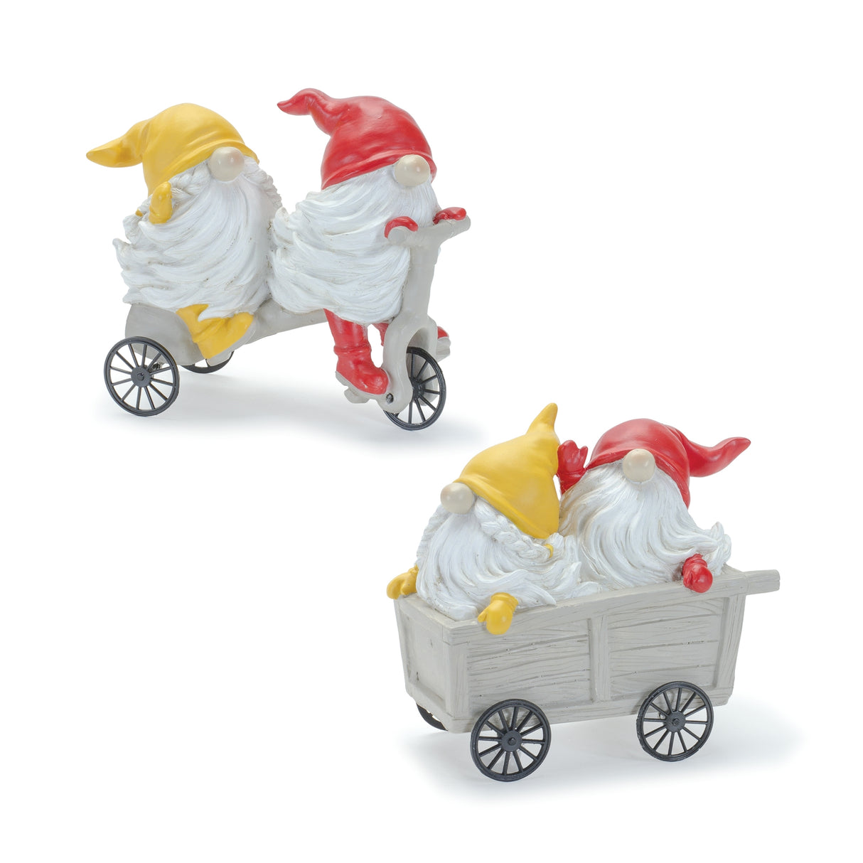 Whimsical garden gnome figurine riding a scooter and wheelbarrow (set of 2)