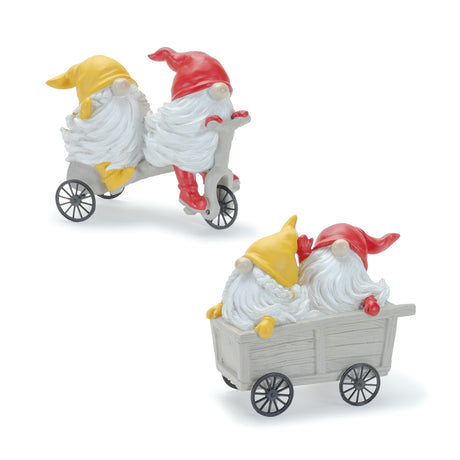 Whimsical garden gnome figurine riding a scooter and wheelbarrow (set of 2)