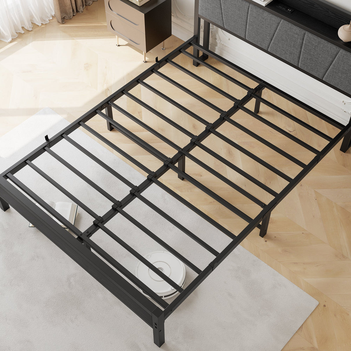 Queen Size Bed Frame with Storage Headboard and Charging Station