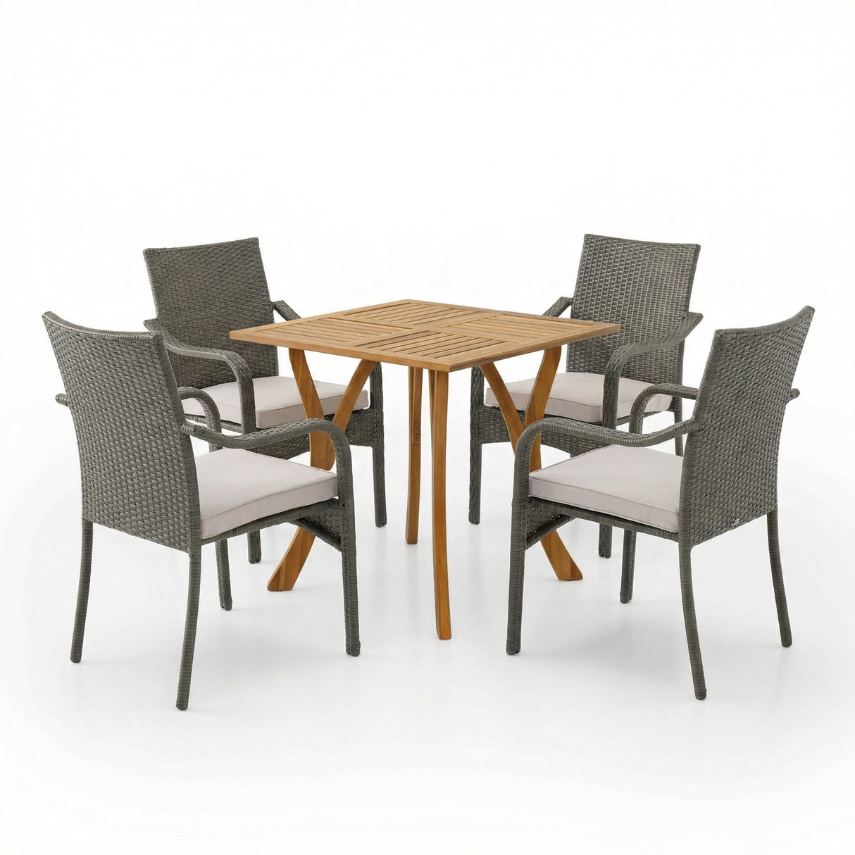 5 Piece Outdoor Dining Set, 31.5" Teak Finish Acacia Wood Table with 4 Chairs