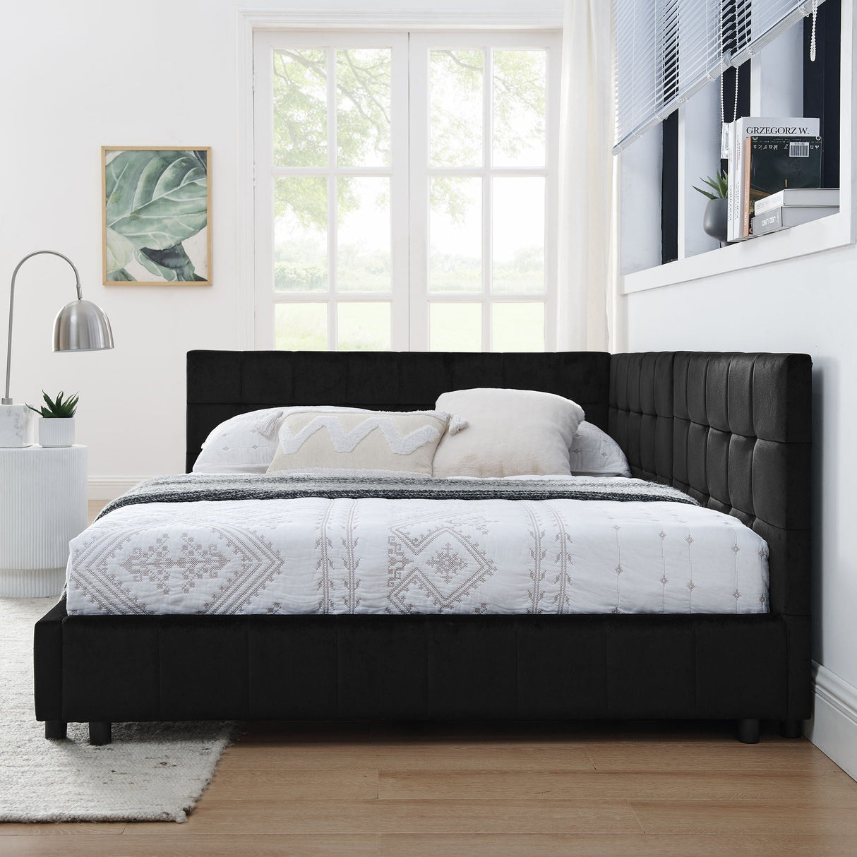 Mid-Century Storage Upholstered Tufted Bed Frame with Backrest and Armrests