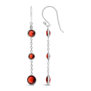 .925 Sterling Silver Graduating Bezel Set Red Garnet Dangle Earring