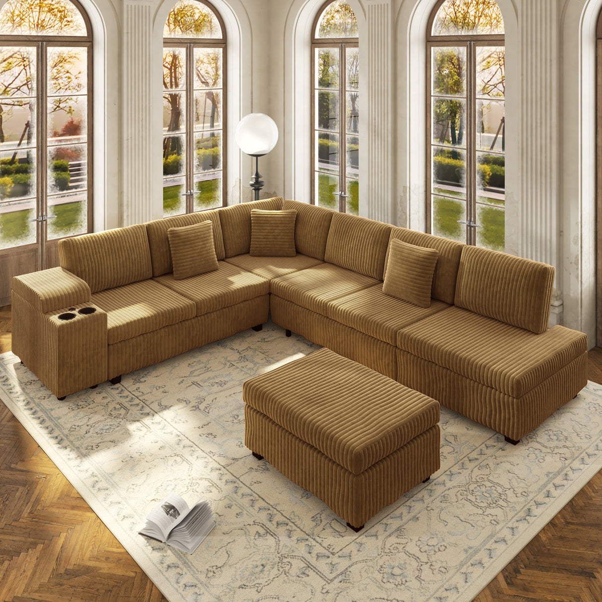 110.2" L-Shaped Sectional Sofa Set with Removable Ottoman in Camel