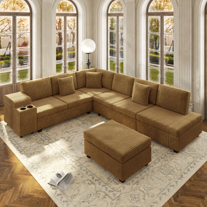 110.2" L-Shaped Sectional Sofa Set with Removable Ottoman in Camel
