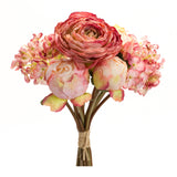 Coral pink peony and hydrangea flower bouquet (set of 6)