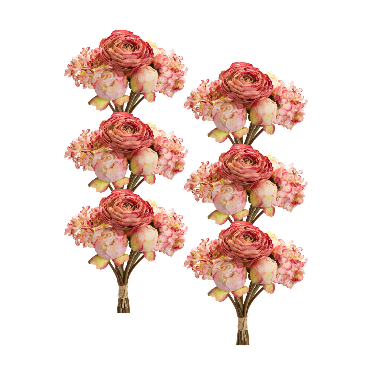 Coral pink peony and hydrangea flower bouquet (set of 6)