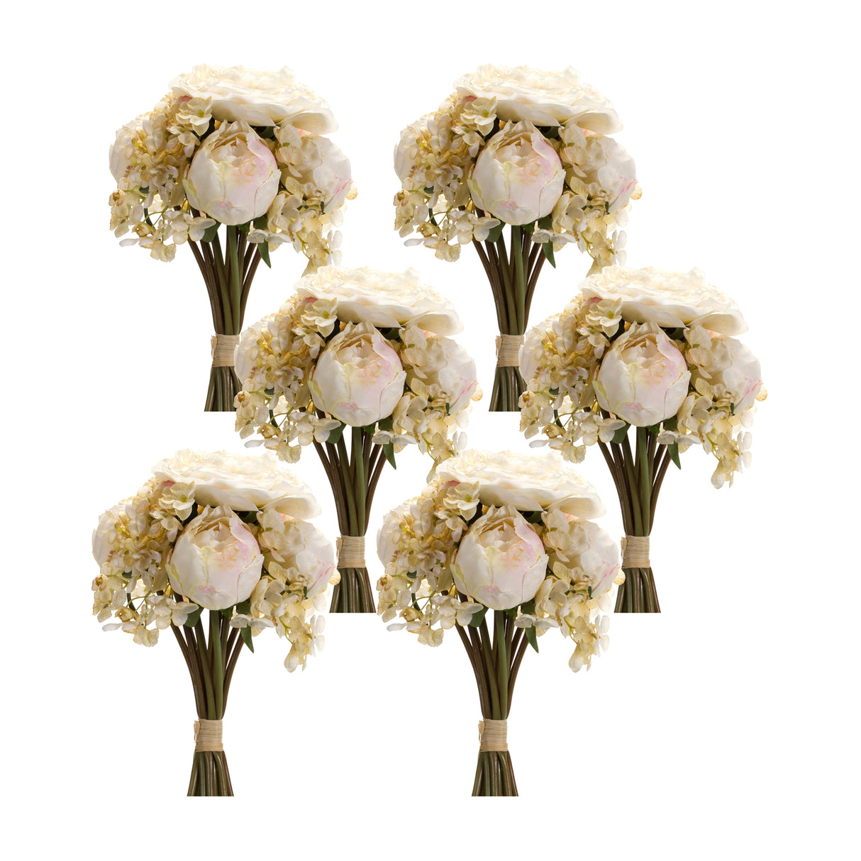 Ivory White Peony and Hydrangea Flower Bouquet (Set of 6)
