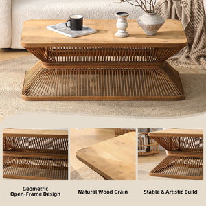 Mid-Century Modern Coffee Table with Woven Bamboo Base