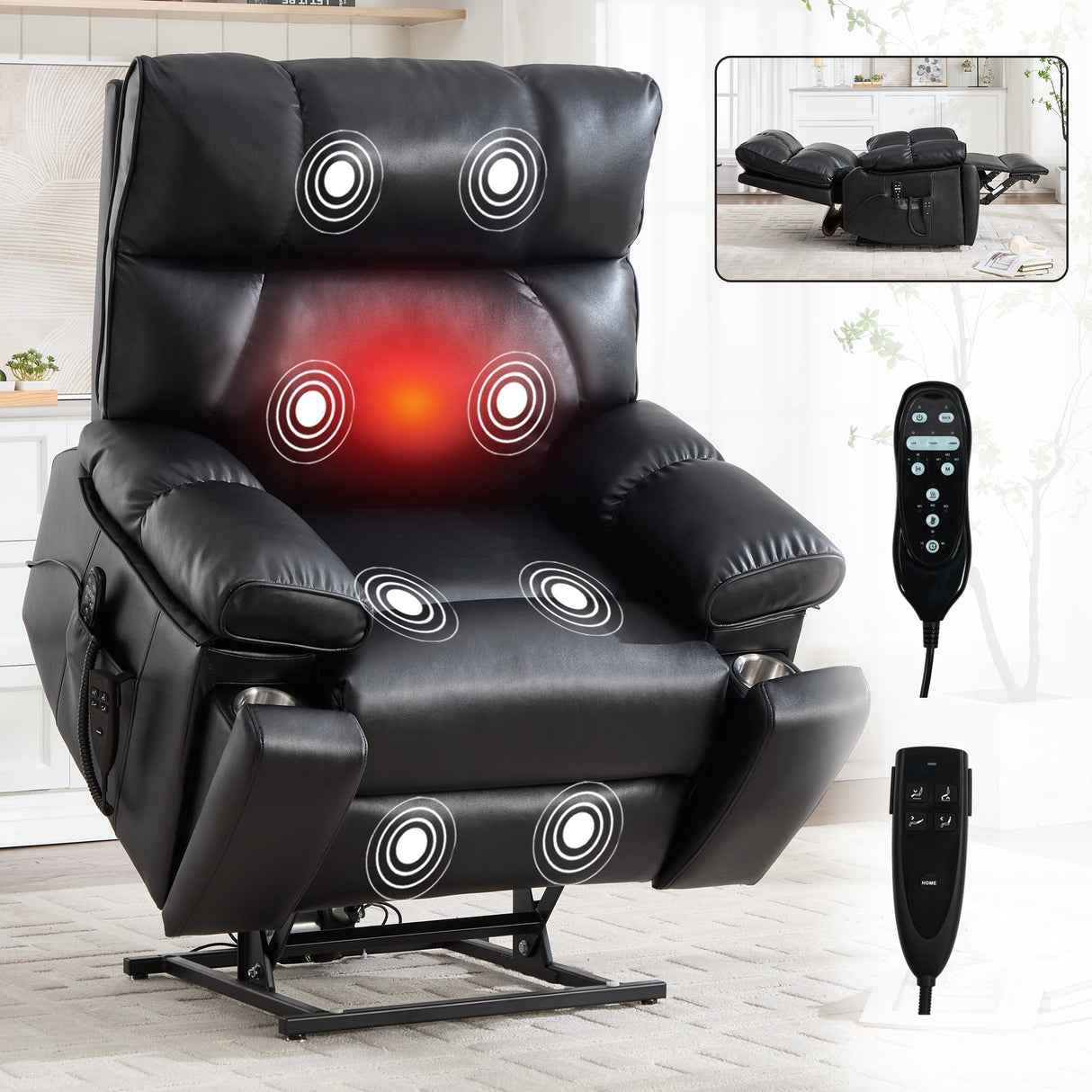 Black Leatheraire Heat Massage Recliner