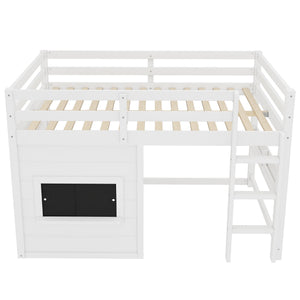 Full Size Loft Bed With Sliding Chalkboard & Bookshelf