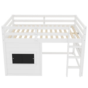 Full Size Loft Bed With Sliding Chalkboard & Bookshelf