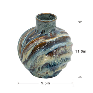 9.4x9.4x11" Blue and Brown Reactive Glazed Accent Vase