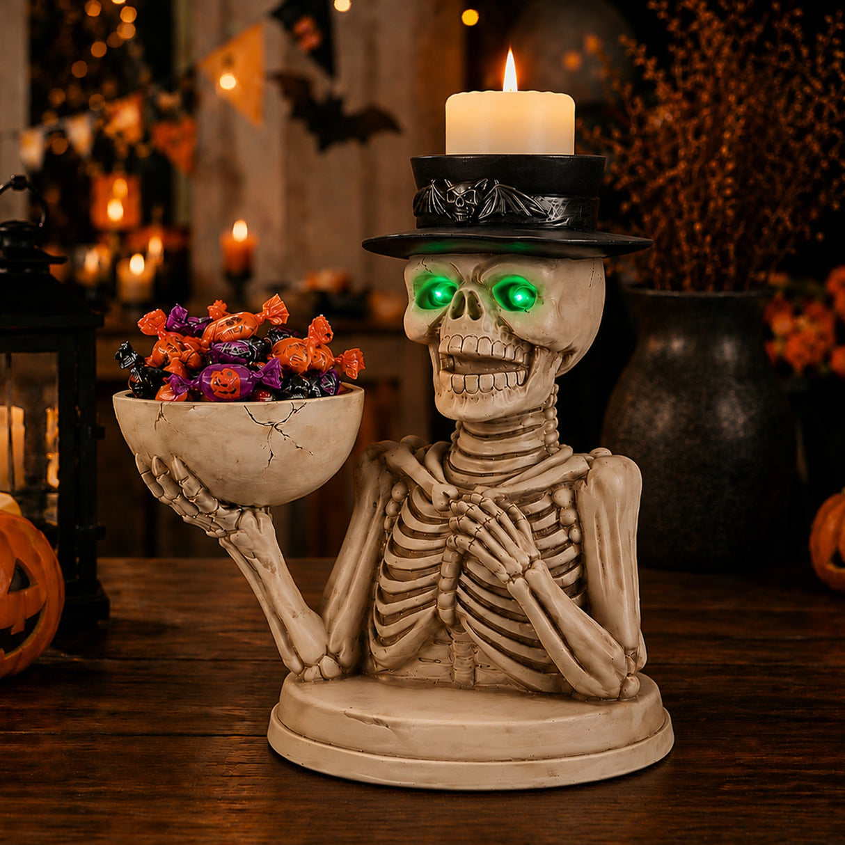 Halloween Skeleton Figurine with Storage Bowl & Candle Holder