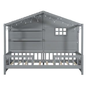 House Bed With Shelves, Window And Sparkling Light Strip On The Roof