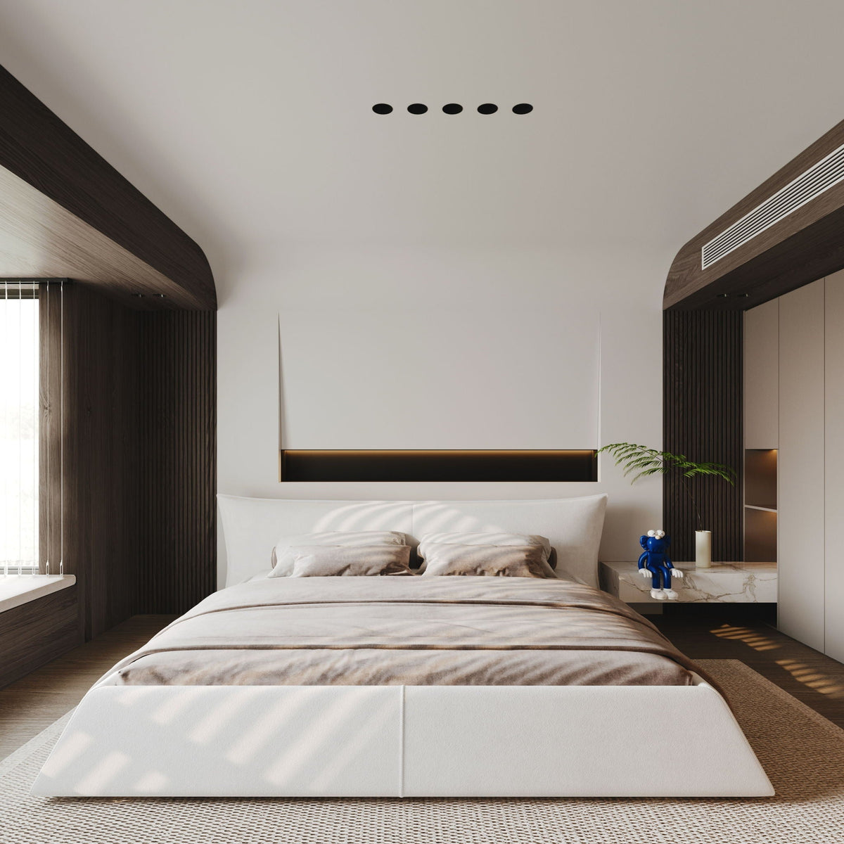 King Size Platform Bed With Special-Shaped Headboard in Cream