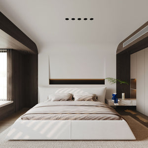 King Size Platform Bed With Special-Shaped Headboard in Cream