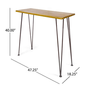 Outdoor Bar Table with Wood Tabletop and Iron Hairpin Legs - Black / Teak