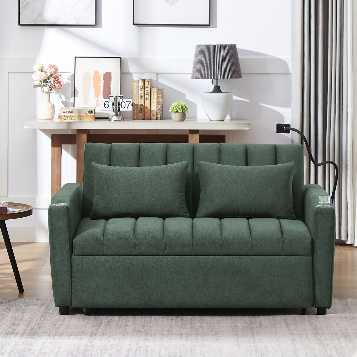 Convertible Sofa Bed Loveseat Sofa With Three USB Ports, Two Side Pockets, Two Cup Holders And 360° swivel Phone Holder For Living Room