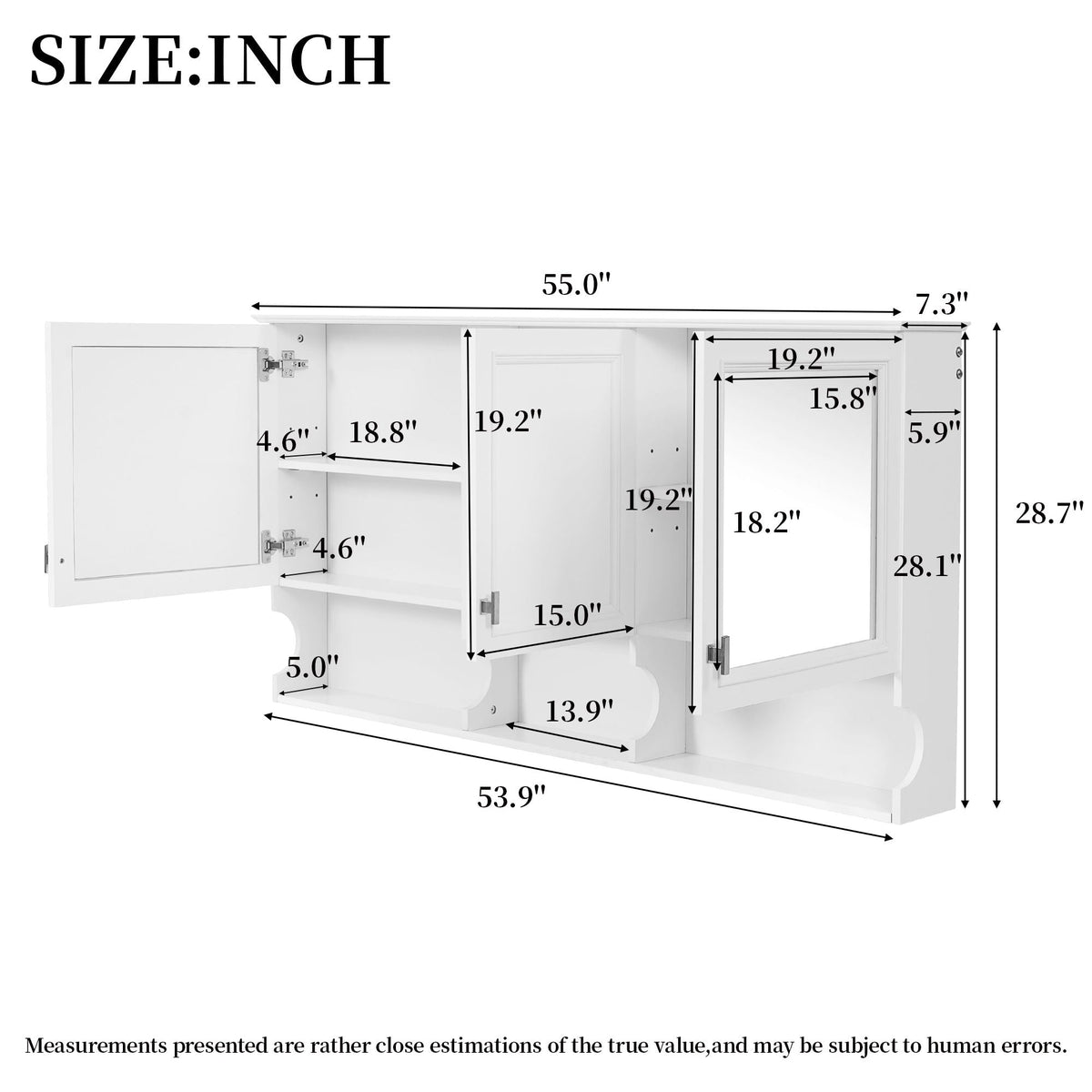 Wall-Mounted Mirror Medicine Cabinet With Adjustable Shelf And Open Shelves, Bathroom Storage Cabinet Over Toilet - White