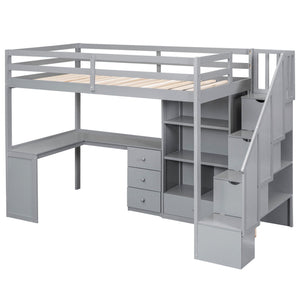 Loft Bed With L Shaped Desk, Drawers, Cabinet, And Storage Staircase