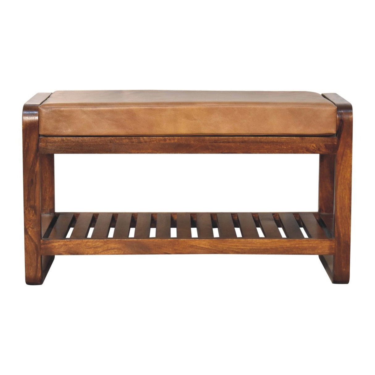 Solid Wood Small Buffalo Slatted Bench, Leather Upholstered, Open Storage