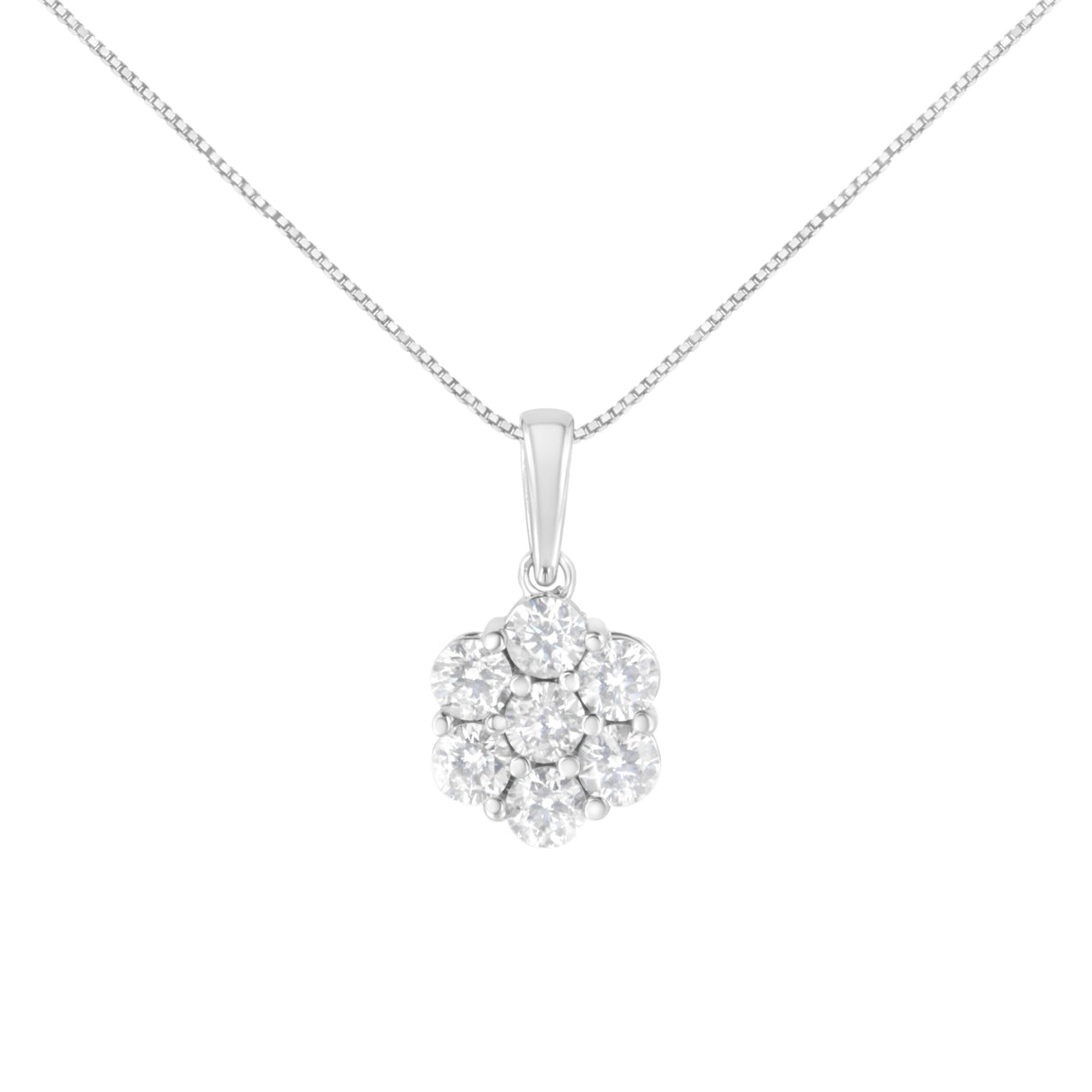 14K White Gold 2.00 Cttw Brilliant Round-Cut Diamond 7 Stone Flower Cluster 18" Pendant Necklace (H-I Color, SI2-I1 Clarity)