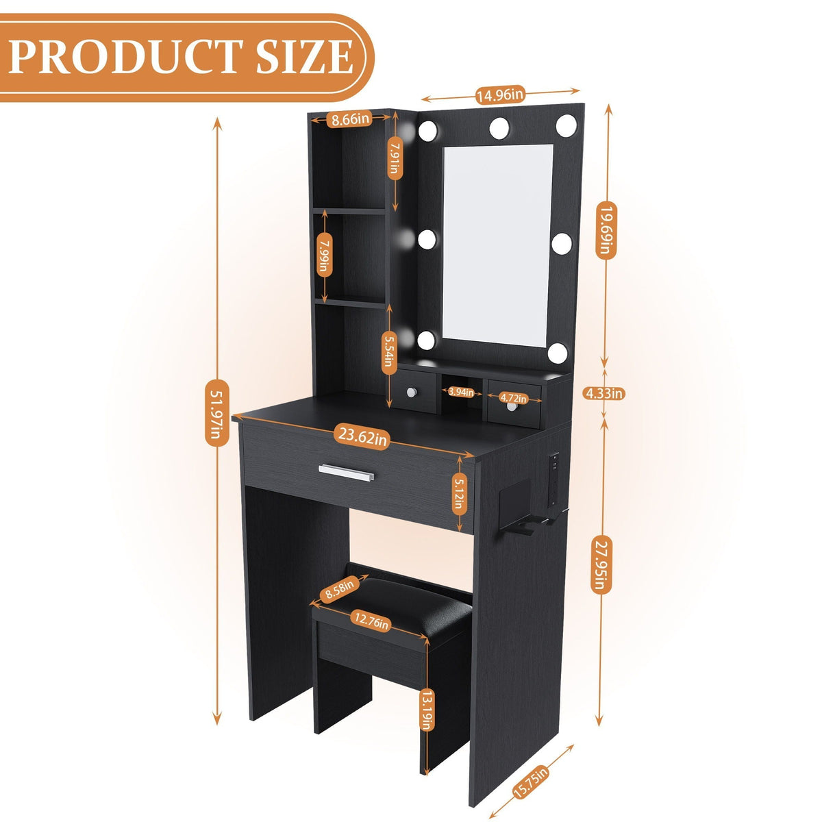 Vanity Set with Mirror, Adjustable LED Lights & Power Outlet - Wood & Mirror