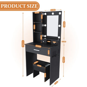 Vanity Set with Mirror, Adjustable LED Lights & Power Outlet - Wood & Mirror