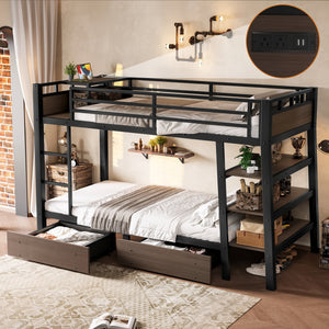 Twin Size Metal Bunk Bed with Storage Shelves, LED Light Strip, and USB Power Strip