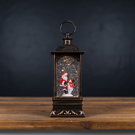 LED Snow Globe Lantern with Santa and Snowman 10.5"H