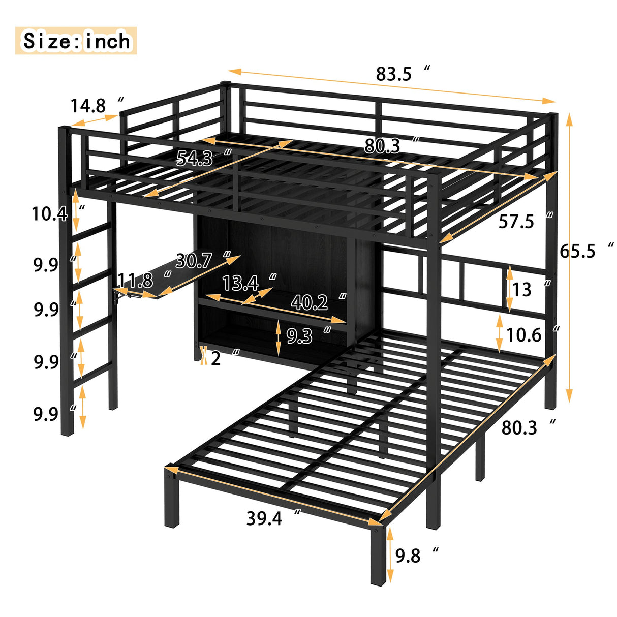 Full XL Over Twin Metal Bunk Bed with Folding Desk and Closet