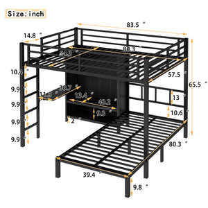 Full XL Over Twin Metal Bunk Bed with Folding Desk and Closet