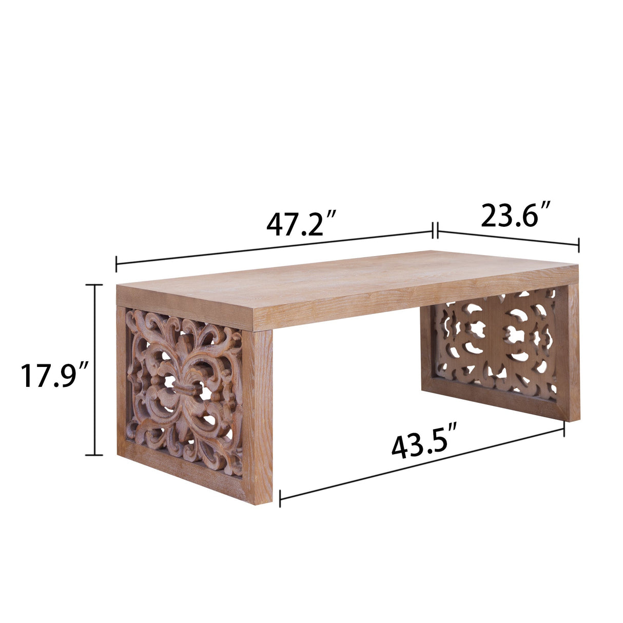 47.2 Rustic Carved Wood Coffee Table – Handcrafted Look with Ornate Side Panels