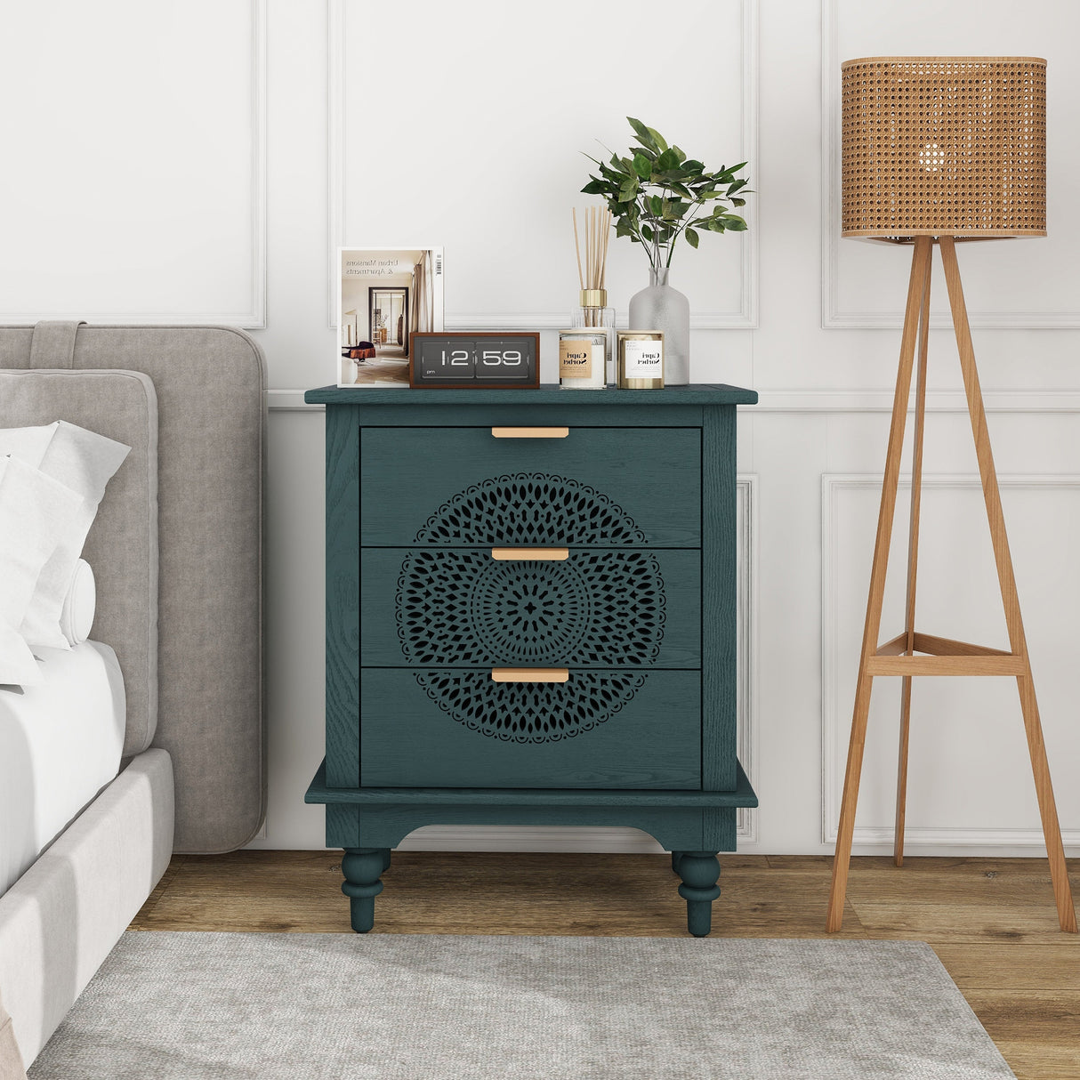 Blackish Green Hollow-Carved 3-Drawer Dresser with Metal Handles