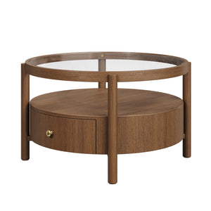 Solid Wood Round Glass Top Coffee Table with Storage Drawer