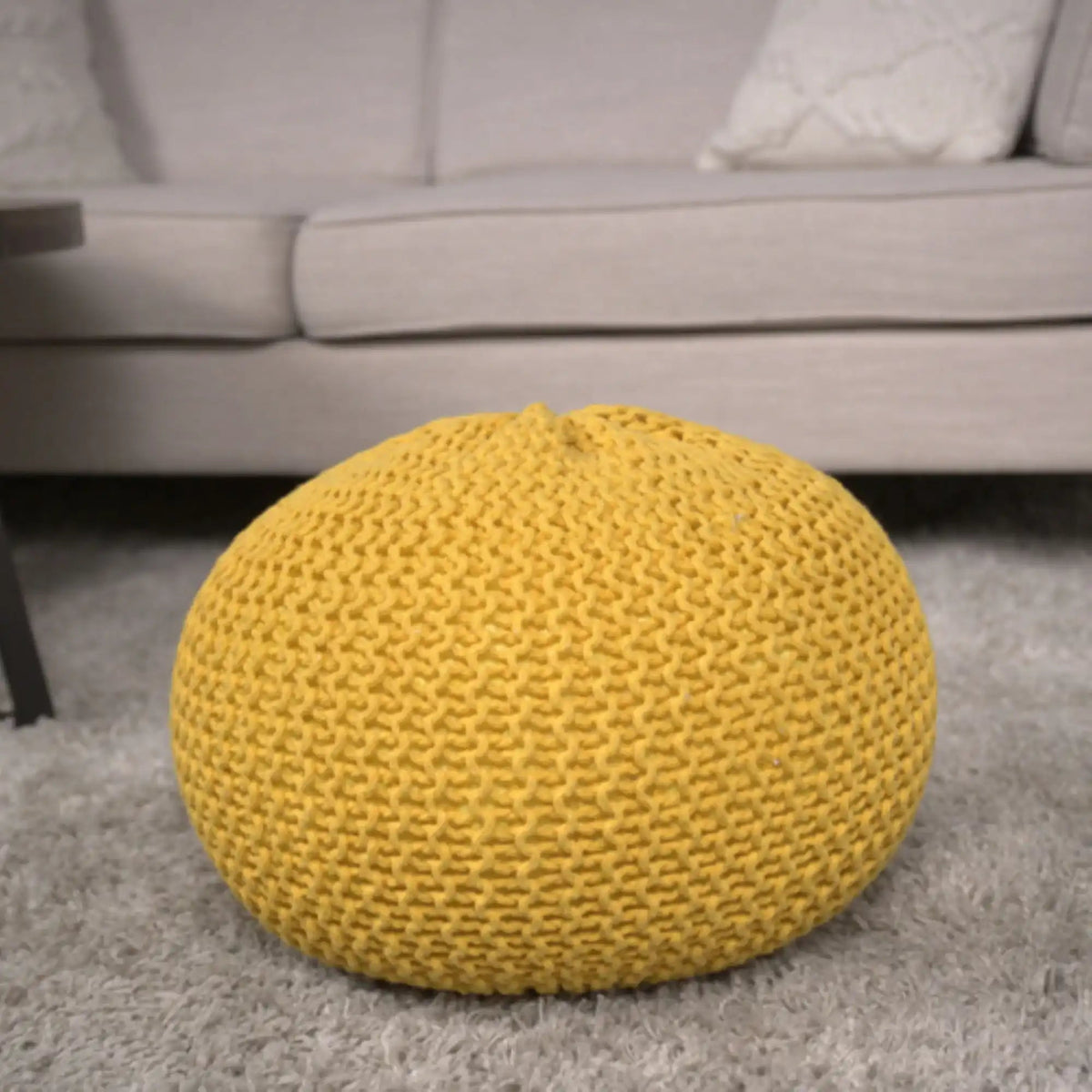 Knitted Cotton Round Pouf Ottoman with Soft Textured Cover - Dark Gray, Yellow, Blue